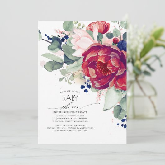 Burgundy Blush Navy Blue Floral Baby Dusche Einladung (Stehend Vorderseite)