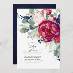 Burgundy Blush Navy Blue Floral Baby Dusche Einladung