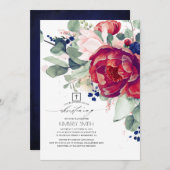 Burgundy Blush Navy Blue Floral Christening Einladung (Vorne/Hinten)