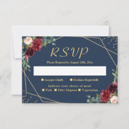 Burgundy Blush Navy Blue Floral Gold Glitzer RSVP Karte
