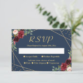 Burgundy Blush Navy Blue Floral Gold Glitzer RSVP Karte (Stehend Vorderseite)