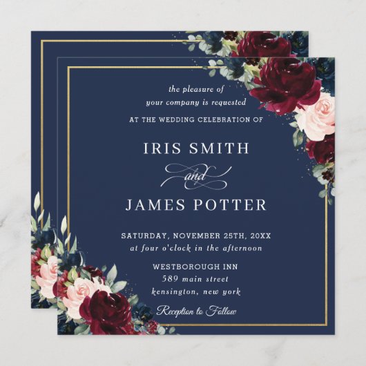 Burgundy Blush Navy Blue Floral Wedding Square Einladung (Vorne/Hinten)