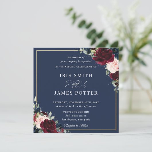 Burgundy Blush Navy Blue Floral Wedding Square Einladung (Stehend Vorderseite)