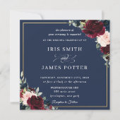 Burgundy Blush Navy Blue Floral Wedding Square Einladung (Vorderseite)
