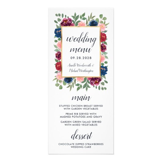Burgundy Blush Navy Blue Gold Wedding Menu Cards Werbekarte (Vorne)
