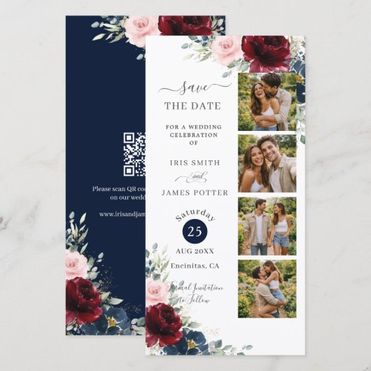 Burgundy Blush Navy Floral Photo Booth Wedding QR  Save The Date (Vorne/Hinten)
