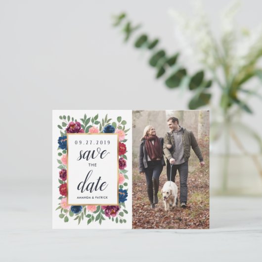 Burgundy Blush Navy Gold Hochzeit speichern das Da Ankündigungspostkarte (Stehend Vorderseite)