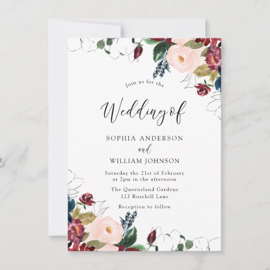 Burgundy Blush Navy Indigo Florals Hochzeit Einladung (Vorderseite)