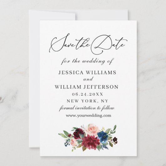 Burgundy Blush Navy Rose FOTO Hochzeit Sav Save The Date (Rückseite)