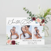 Burgundy Blush Navy White Roses 3 FOTO Hochzeit Save The Date (Stehend Vorderseite)