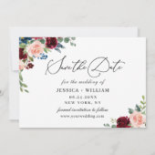 Burgundy Blush Navy White Roses 3 FOTO Hochzeit Save The Date (Rückseite)