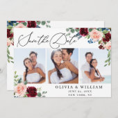 Burgundy Blush Navy White Roses 3 FOTO Hochzeit Save The Date (Vorne/Hinten)