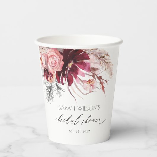Burgundy Blush Pampas Grass Brautparty Pappbecher (Rückseite)