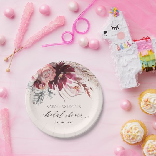 Burgundy Blush Pampas Grass Brautparty Pappteller (Party)