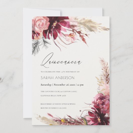 Burgundy Blush Pampas Grass Quinceanera Einladung (Vorderseite)