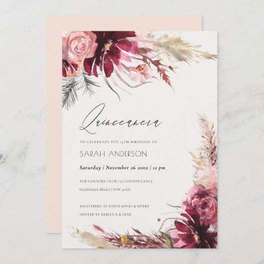 Burgundy Blush Pampas Grass Quinceanera Einladung (Vorne/Hinten)