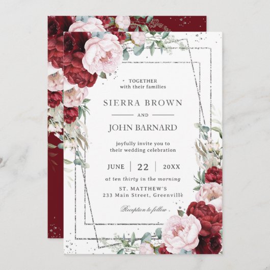 Burgundy Blush Peonies Bloral Silver Geometric Einladung (Vorne/Hinten)