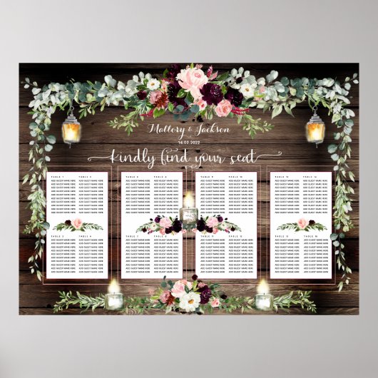 Burgundy Blush Pink 160 Gast Luxury Seating Chart Poster (Vorne)