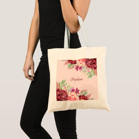 Burgundy Blush PInk Aquarell Floral Monogramm Tragetasche (Vorderseite (Produkt))