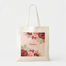 Burgundy Blush PInk Aquarell Floral Monogramm Tragetasche