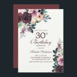Burgundy Blush Pink Bloral Blätter 30. Geburtstag Einladung<br><div class="desc">Eleganter Bordeaux und rot rosa Aquarellblüte mit schlängelgrünen Blätter auf weißer 30. Party Einladung mit elegantem Kalligraphieskript-Schriftart.</div>