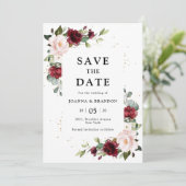 Burgundy Blush Pink Bloral geometrisch Save the Da Einladung (Stehend Vorderseite)