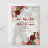 Burgundy Blush Pink Bloral Hochzeit Rett Date Foto Einladung (Vorderseite)