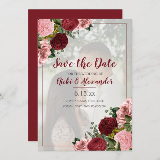 Burgundy Blush Pink Bloral Hochzeit Rett Date Foto Einladung (Vorne/Hinten)