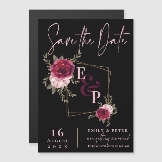Burgundy Blush Pink Bloral Wedding Save the Date Magneteinladung (Vorne/Hinten)