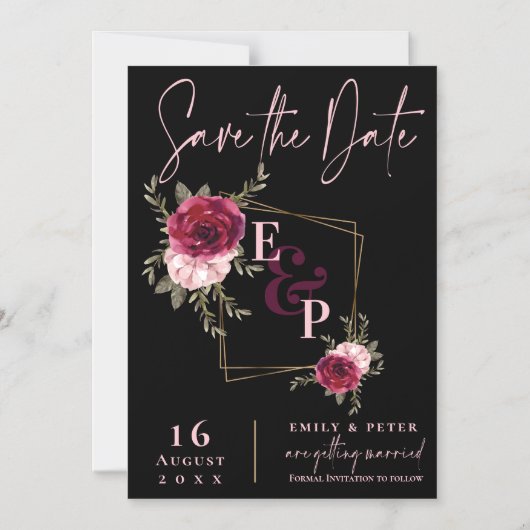 Burgundy Blush Pink Bloral Wedding Save the Date Magneteinladung (Vorderseite)