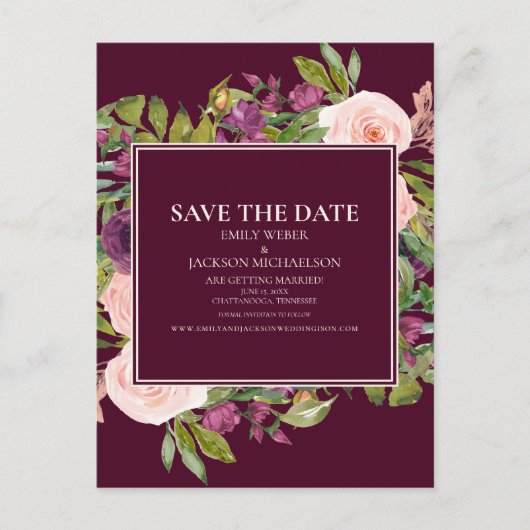 Burgundy Blush Pink Bloral Wedding Save the Date Postkarte (Vorderseite)