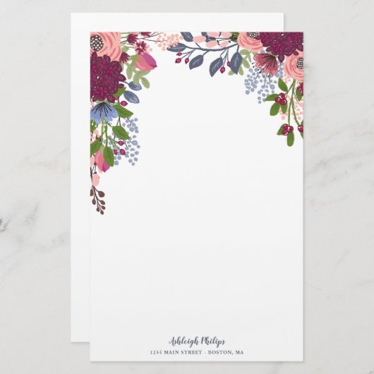 Burgundy Blush Pink Blue Blumen Briefpapier (Vorne/Hinten)