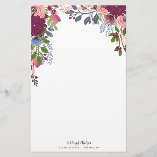 Burgundy Blush Pink Blue Blumen Briefpapier (Vorderseite)