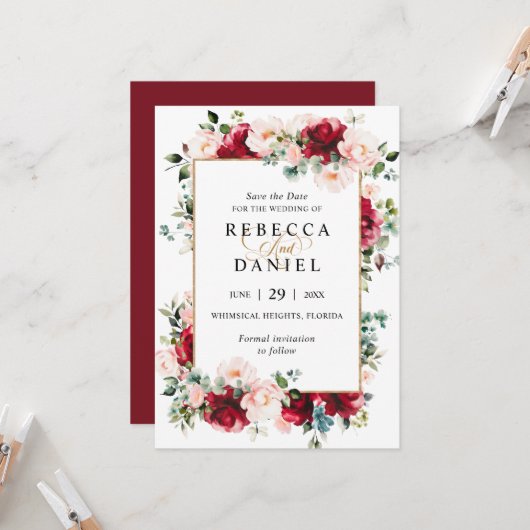 Burgundy & Blush Pink Blues Blues Hochzeit Speiche Einladung (Vorderseite/Rückseite Beispiel)