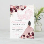 Burgundy Blush Pink Blumenmasquerade Sweet 16 Inv. Einladung (Stehend Vorderseite)