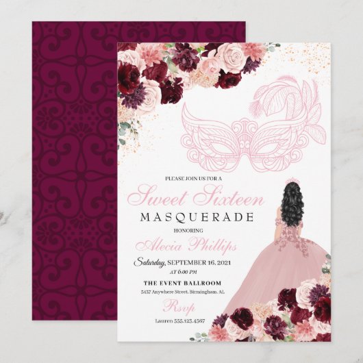 Burgundy Blush Pink Blumenmasquerade Sweet 16 Inv. Einladung (Vorne/Hinten)