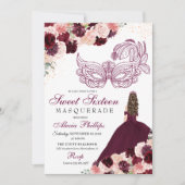 Burgundy Blush Pink Blumenmasquerade Sweet 16 Inv. Einladung (Vorderseite)