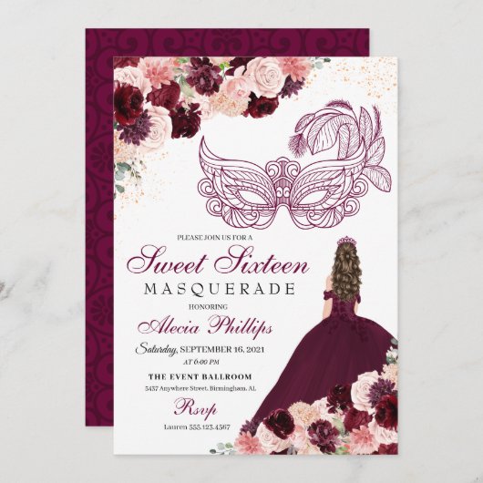 Burgundy Blush Pink Blumenmasquerade Sweet 16 Inv. Einladung (Vorne/Hinten)