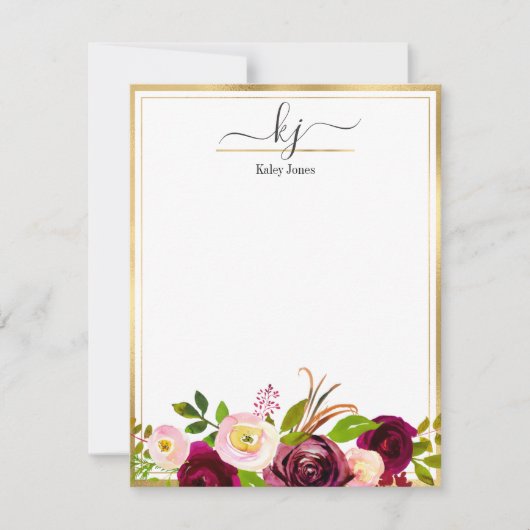 Burgundy Blush Pink Botanical Floral Monogram Mitteilungskarte (Vorderseite)
