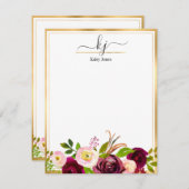 Burgundy Blush Pink Botanical Floral Monogram Mitteilungskarte (Vorne/Hinten)
