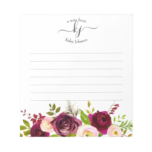 Burgundy Blush Pink Botanical Floral Monogram Notizblock (Vorderseite)