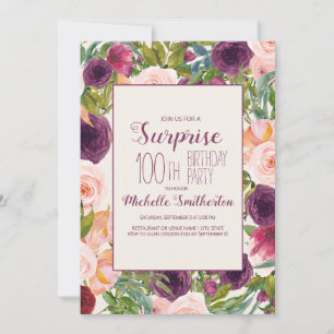 Burgundy Blush Pink Floral 100. Geburtstag Einladung
