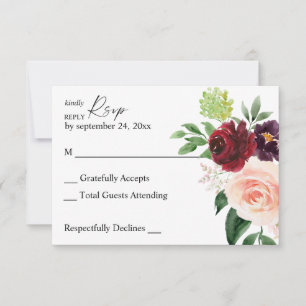 Burgundy & Blush Pink Floral 4 ni RSVP Karte zum E