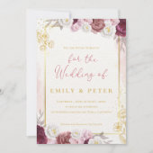 Burgundy Blush Pink Floral Gold Border Wedding Einladung (Vorderseite)