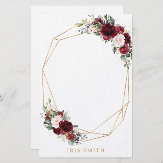 Burgundy Blush Pink Floral Gold Geometrie Hinweis Briefpapier (Vorne/Hinten)