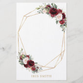 Burgundy Blush Pink Floral Gold Geometrie Hinweis Briefpapier (Vorderseite)