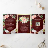 Burgundy Blush Pink Floral Gold QR Code Hochzeit Dreifach Gefaltete Einladung (Innenseite)