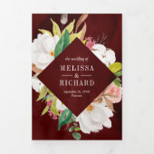 Burgundy Blush Pink Floral Gold QR Code Hochzeit Dreifach Gefaltete Einladung (Cover)