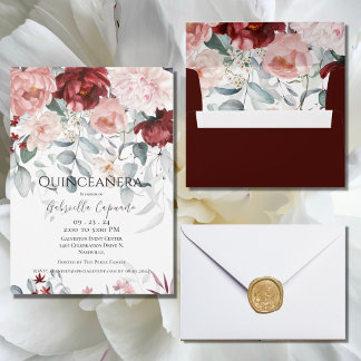 Burgundy Blush Pink Floral Quinceañera Einladung