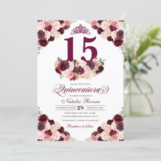 Burgundy Blush Pink Floral Quinceanera Geburtstag Einladung
